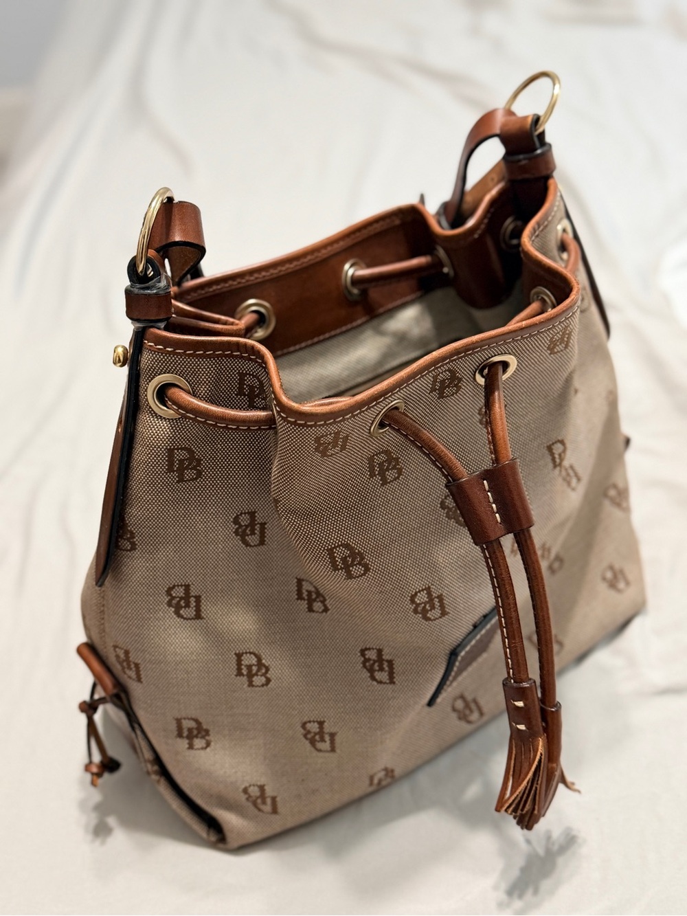 Dooney & Bourke Monogram Drawstring Bucket Bag - Tan Brown